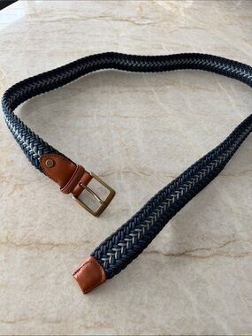 Brooks Brothers Navy Woven Belt with Brown Leather Trim
